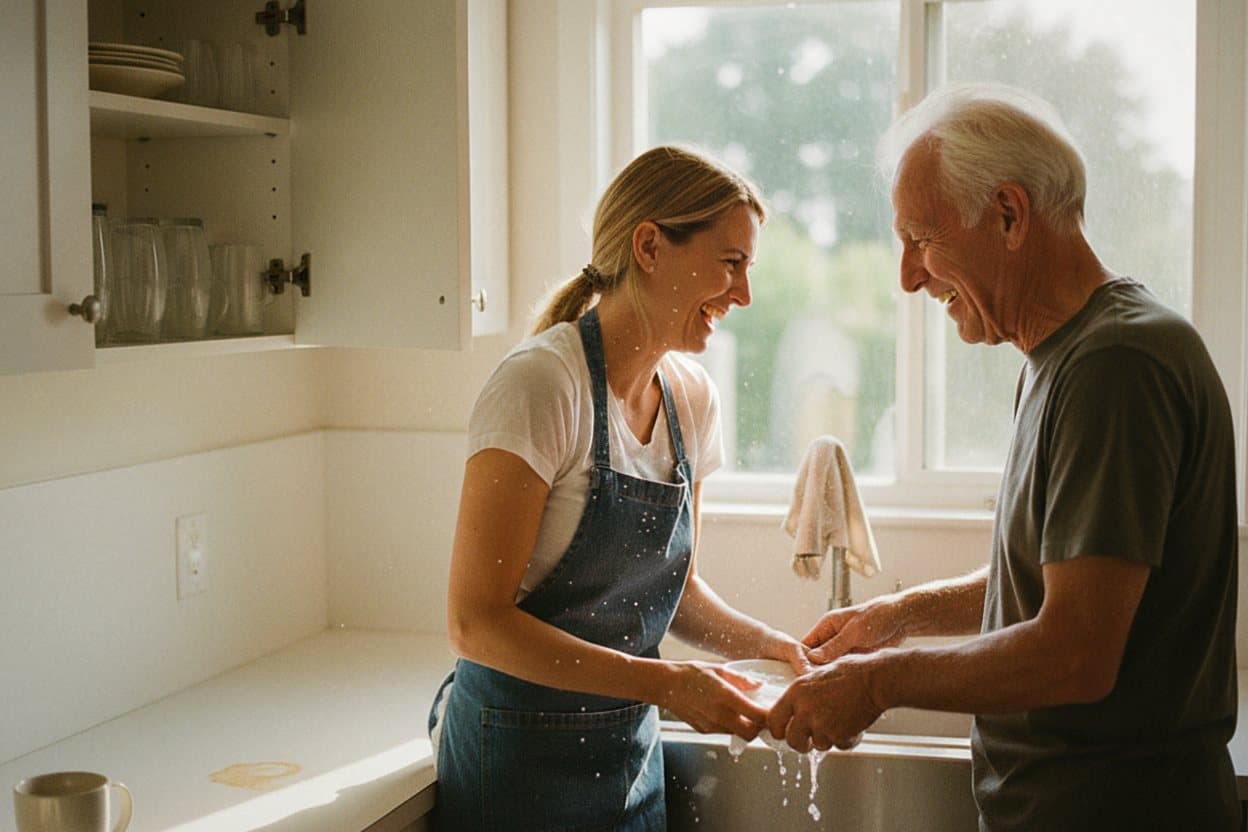 Caregiver and elder laughing while preparing meal
