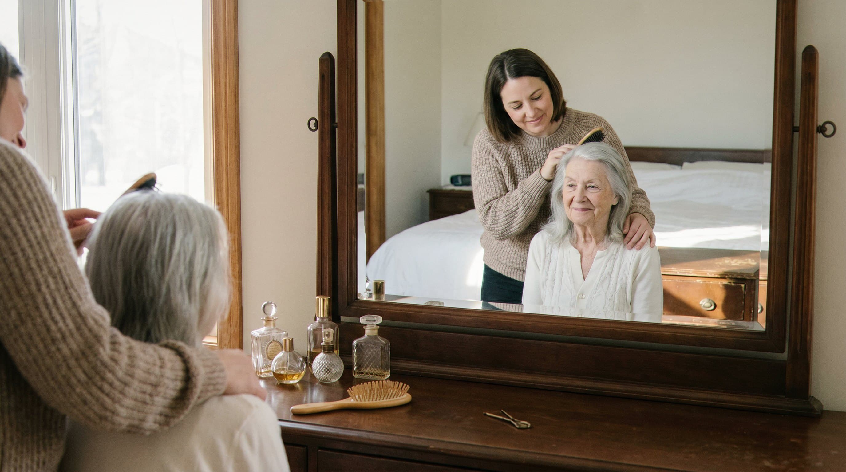 Caregiver assisting with grooming routine at home