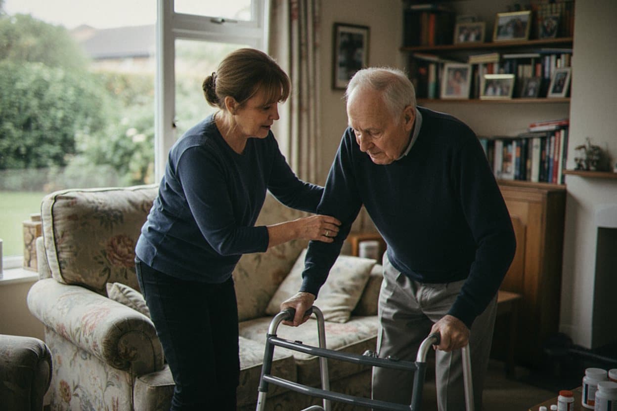 Steady hands guide elder to standing position