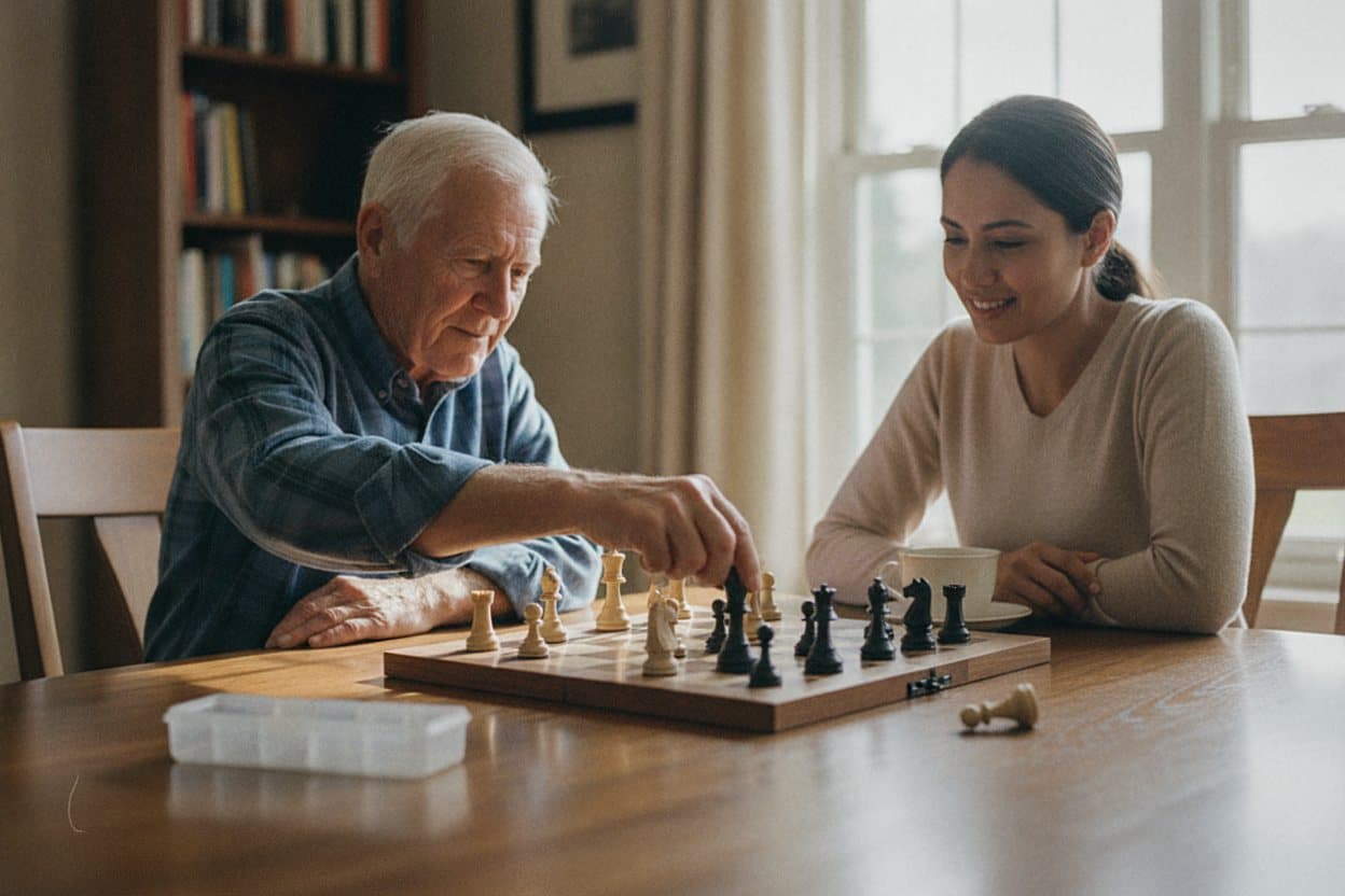 Veteran engaged in meaningful game with caregiver